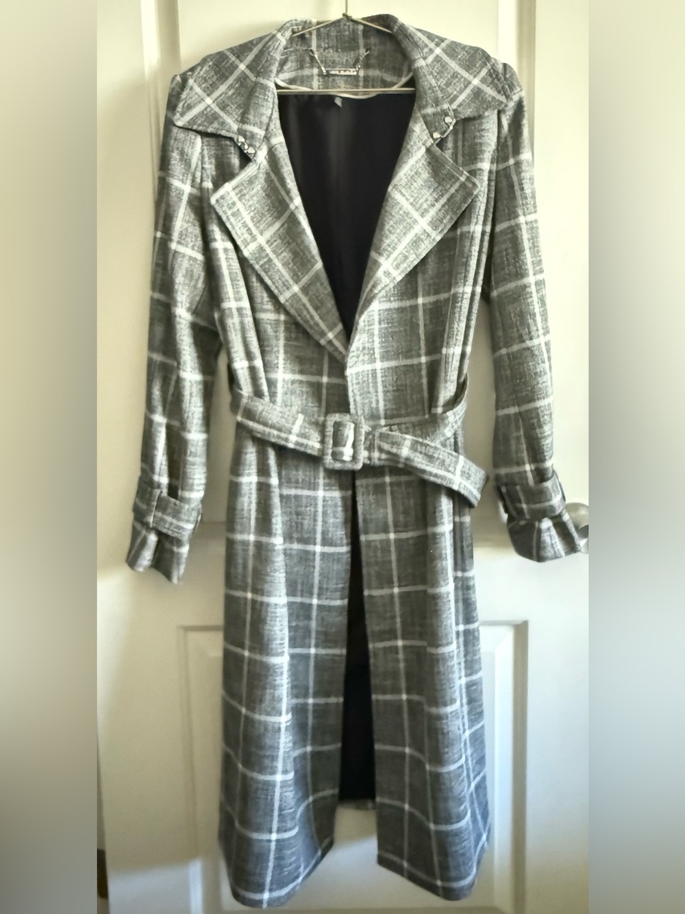 White Black Grey Plaid Long Belted Trench Coat